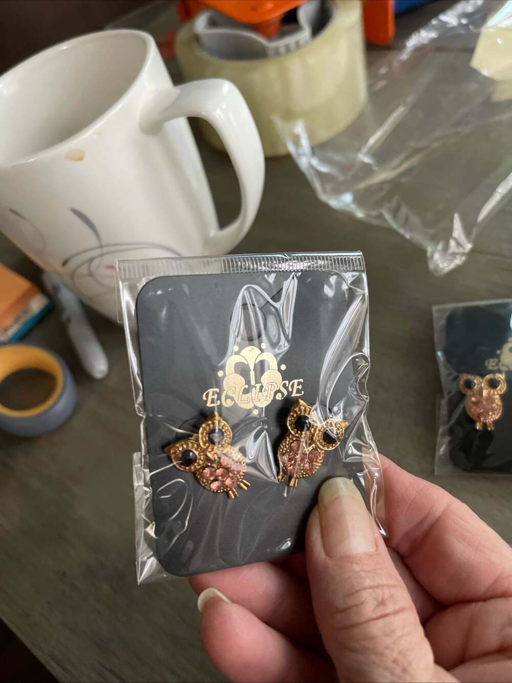 Eclipse Gold Tone Owl Stud Earrings with Pink Rhinestones and Black Eyes